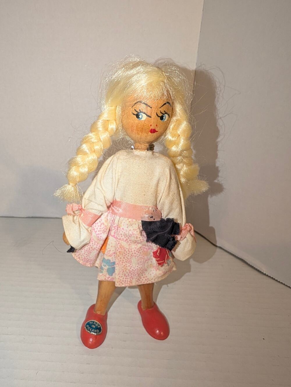 Vintage 7" Wooden Blond Hair Peg Doll Folk Art Hand Painted Sweden
